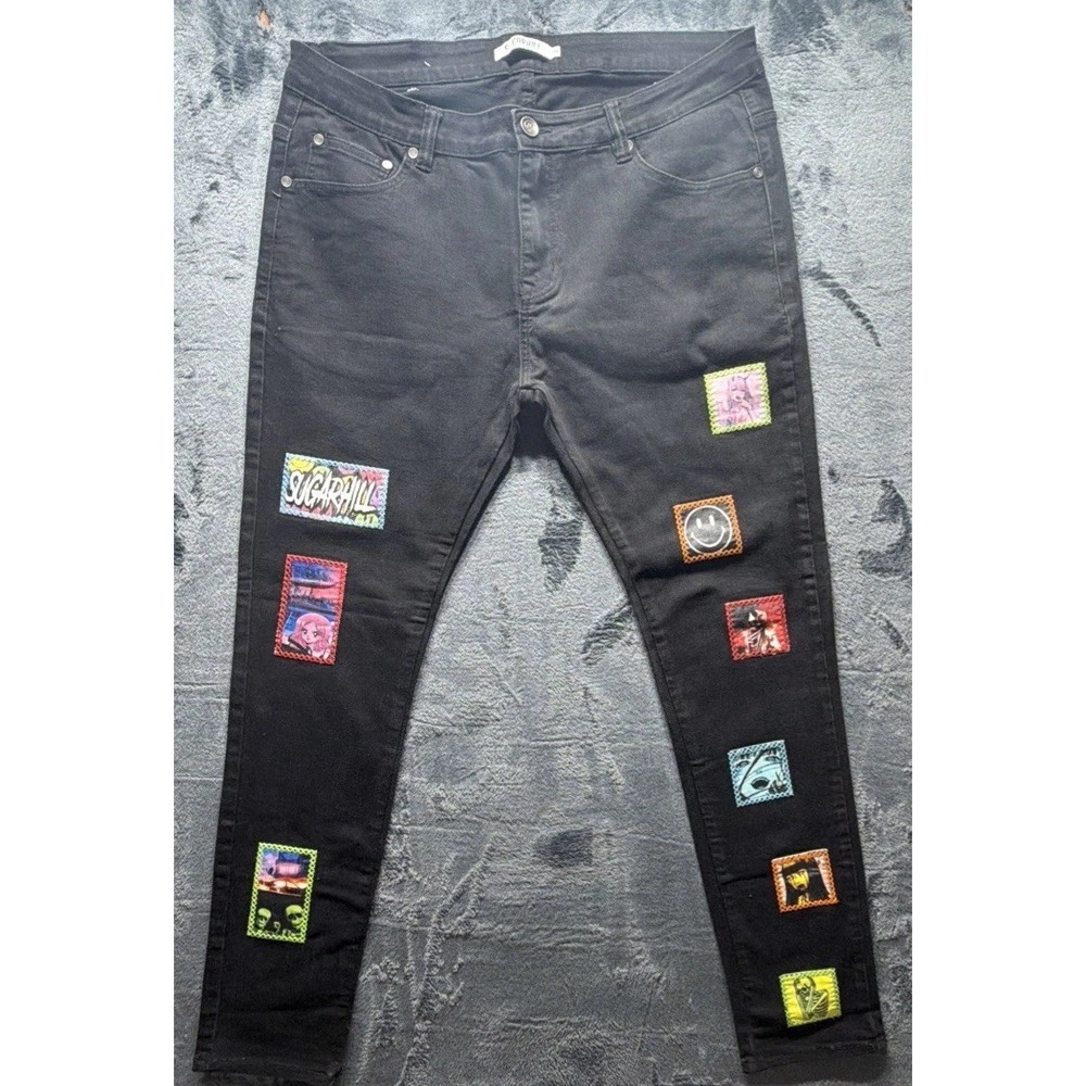 Sugarhill Black Denim Straight Jeans. Daydreams Patchwork Sz. 38x32